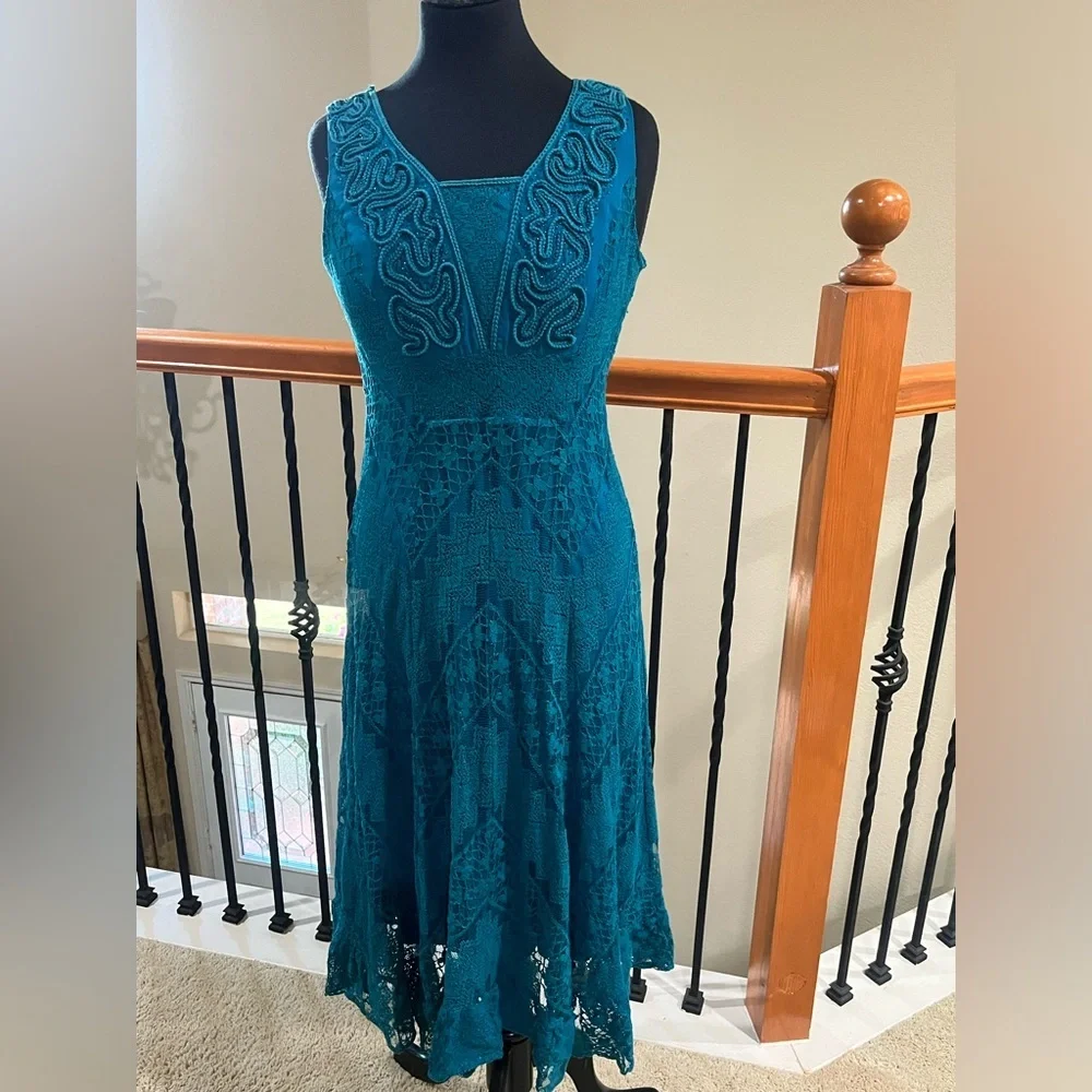 Reba Vibrant TURQUOISE/TEAL SLEEVELESS LACE FIT & FLARE RETRO MIDI DRESS SIZE M - Picture 5 of 10